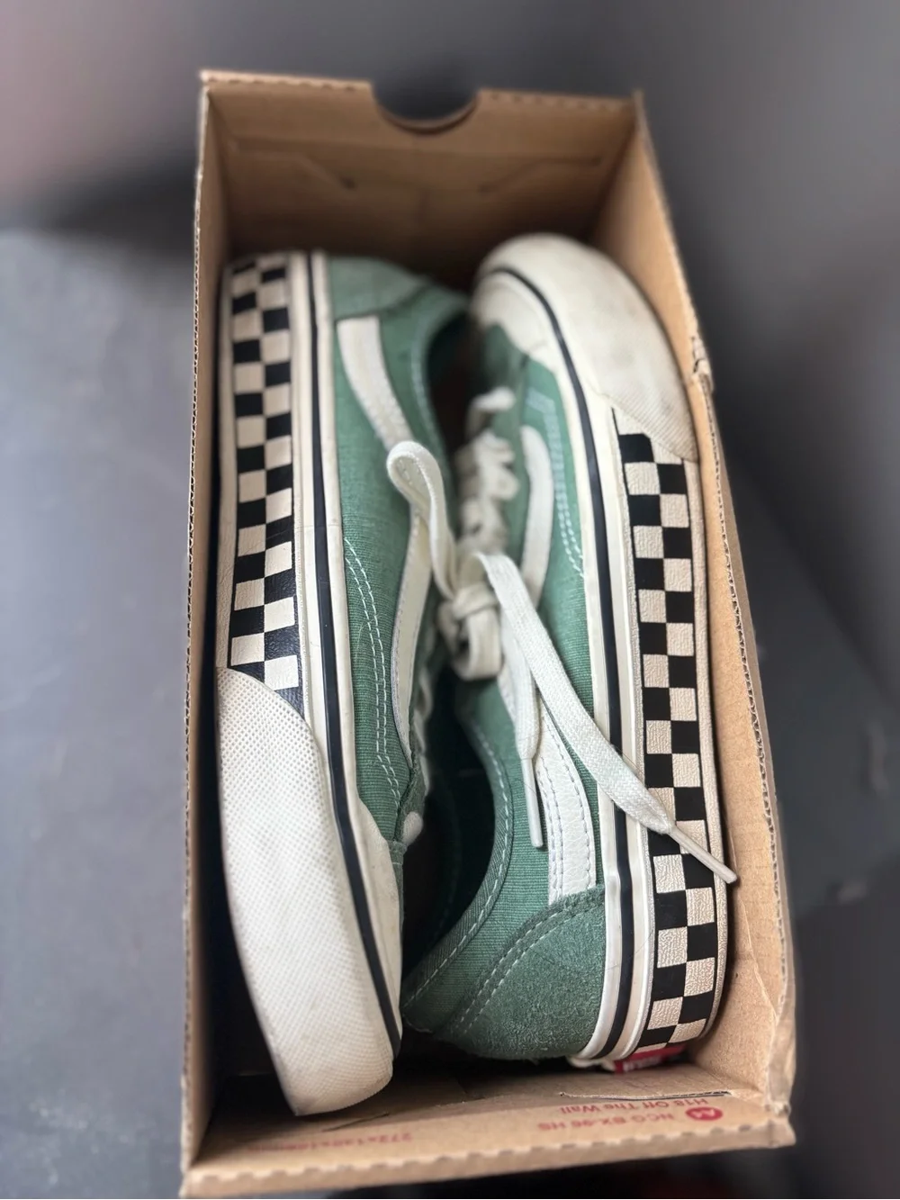 Vans Green Canvas Old Skool Sneakers with White Stripe and Checkerboard Midsole